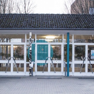 Eingang, Glastüren, blaue Fläche mit Logo der Schule Stadtteilschule Eidelstedt, Logogestaltung, Eingang, Schule