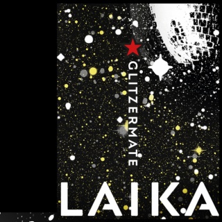 Weltall, weiße und gelbe Punkte, schwarzer Hintergrund, Schriftzug Glitzermate Laika Laika Glitzermate, Corporate Design, Branding